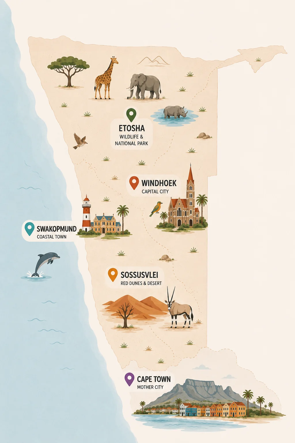 Illustrated map featuring Etosha, Windhoek, Swakopmund, Sossusvlei and Cape Town