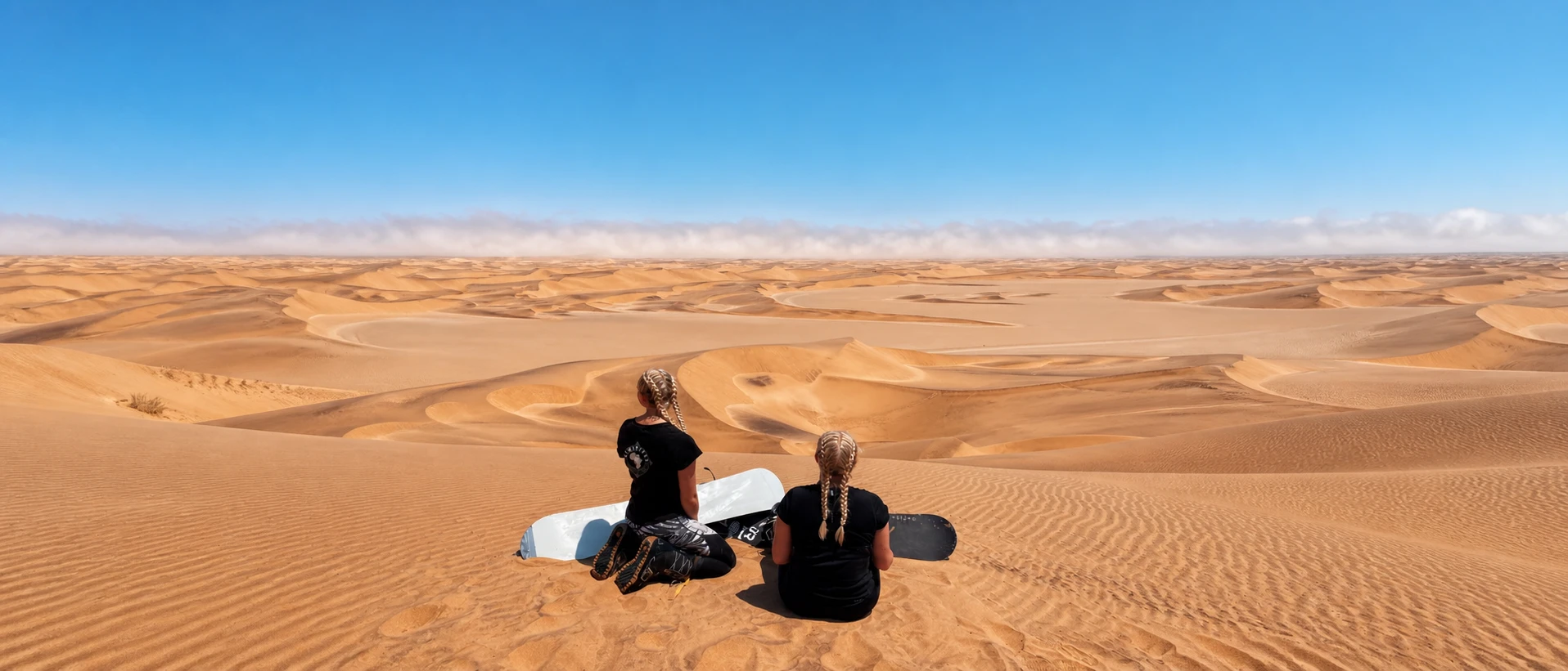 Two NamIntern students with sandboards overlooking the Namib dunes